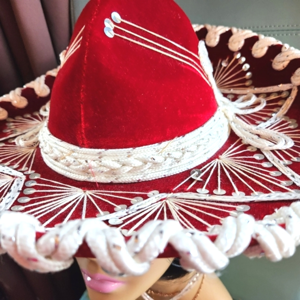 PIGALLE Sombrero RED VELVET Silver Cream Ornate Embroidery Cinco de Mayo HAT 16" - Picture 7 of 7